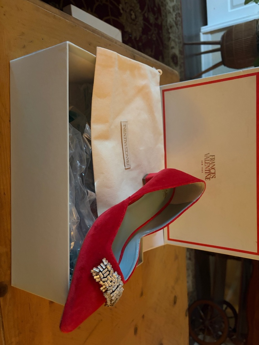 Frances Valentine Red Suede Pointed Toe Flat with Crystal Accent
